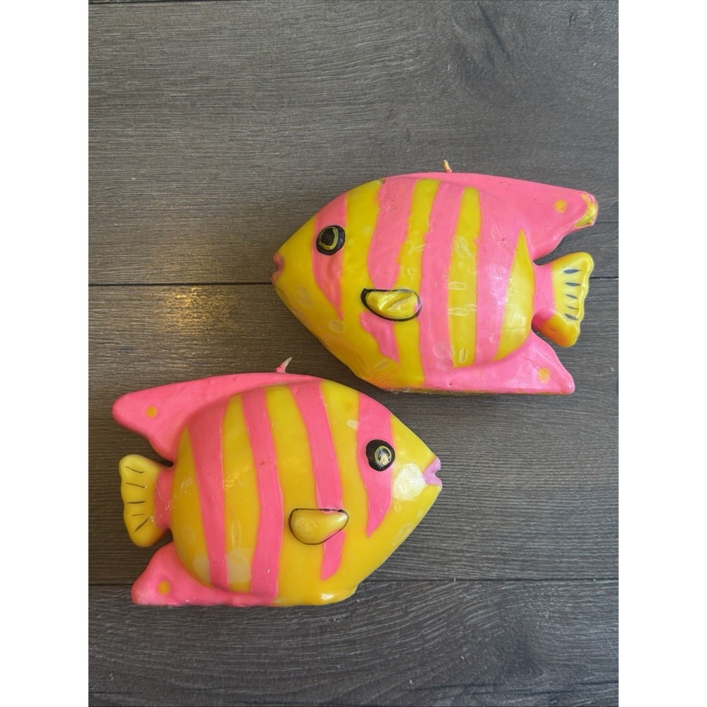 VTG 3D Fish Shaped Wax Candle NEW UNUSED Yellow Pink Neon Pair X2